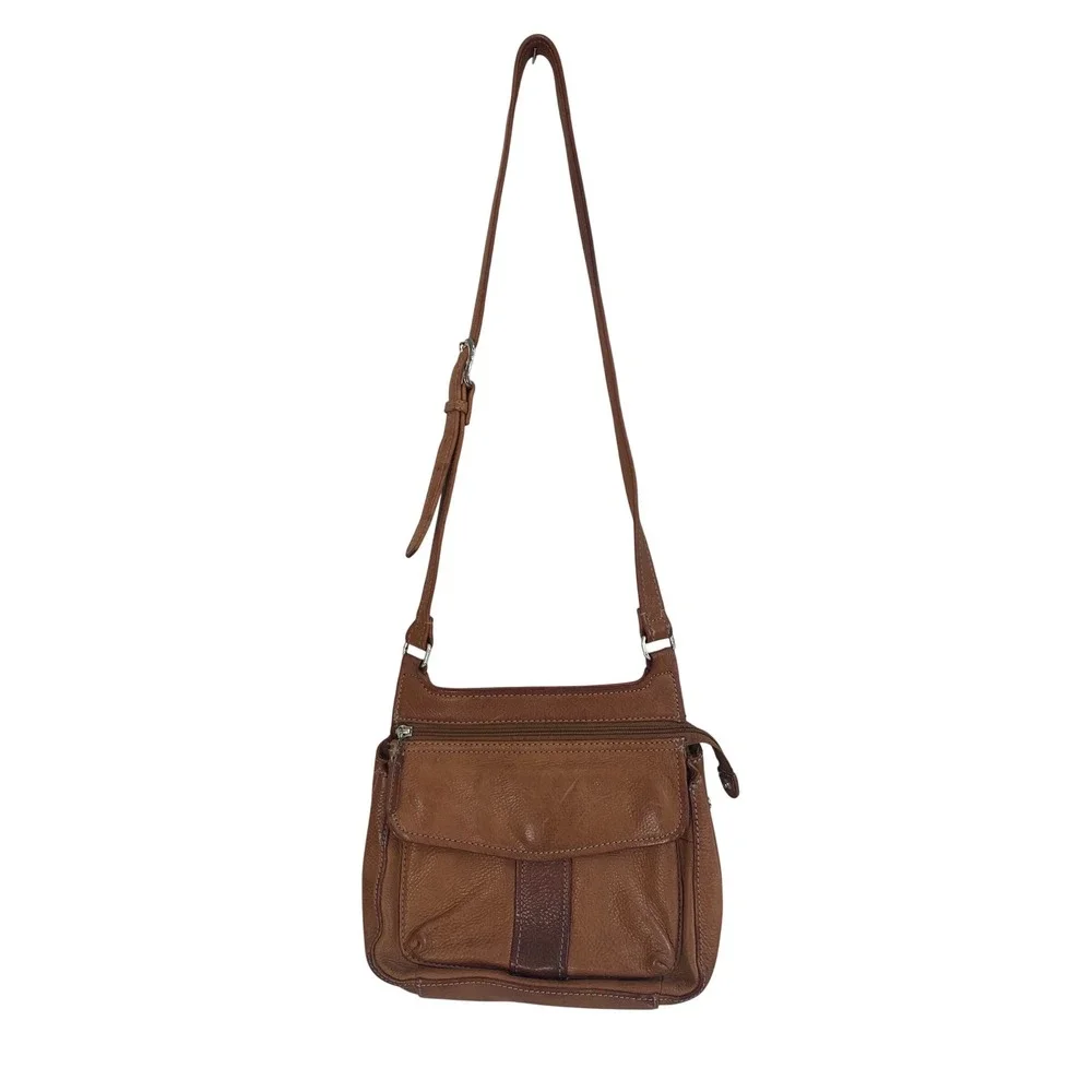 Vintage‎ Fossil Cognac Brown Pebbled Leather Crossbody Organizer Bag 75082